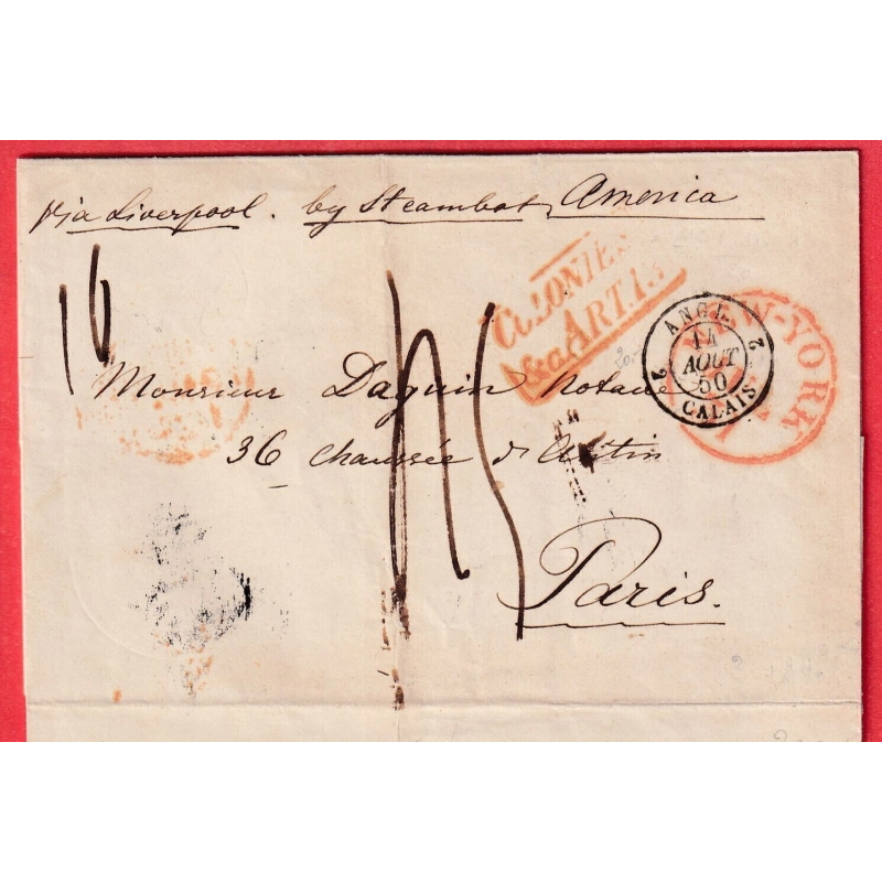 ETATS UNIS NEW YORK 1850 TAXE 45 VOIE ANGLAISE VIA LIVERPOOL STEAMER AMERICA 1850 POUR PARIS