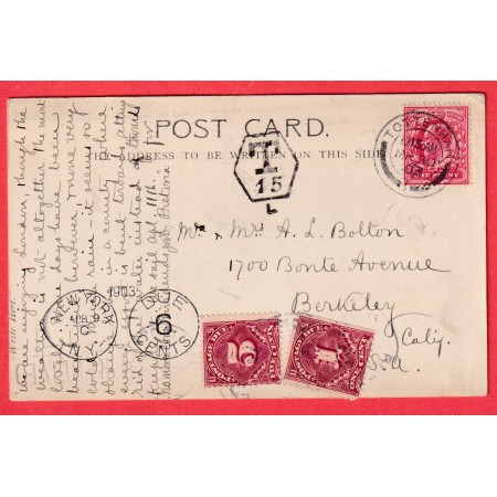 GRANDE BRETAGNE TOTTENHAM 1903 TAXE T15 TAXE USA ETATS UNIS 6C NEW YORK