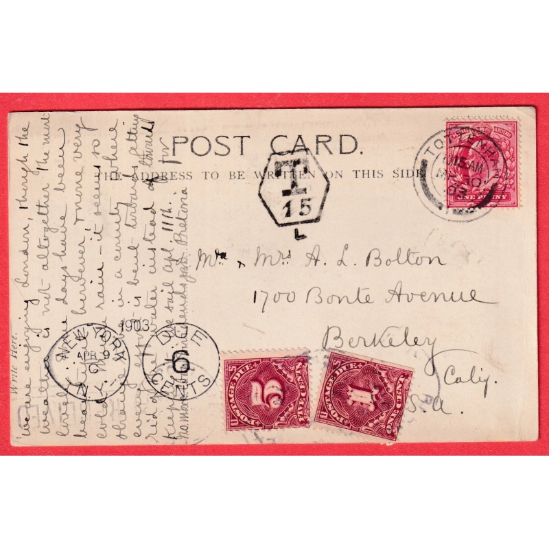 GRANDE BRETAGNE TOTTENHAM 1903 TAXE T15 TAXE USA ETATS UNIS 6C NEW YORK