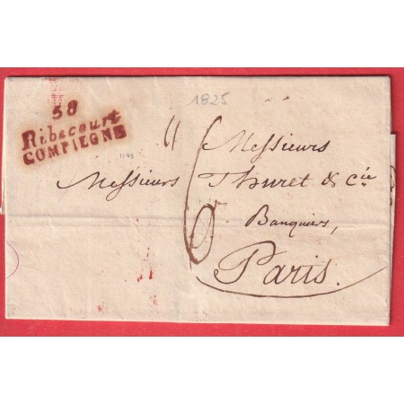 DOUBLE CURSIVE 58 RIBECOURT COMPIEGNE OISE EN ROUGE 1825 POUR PARIS INDICE 19