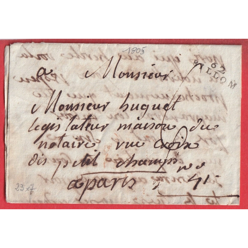 MARQUE 62 BILLOM PUY DE DOME 1805 AN 13 POUR PARIS INDICE 12