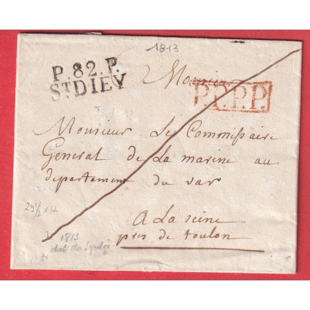 MARQUE P82P ST DIEY DIE VOSGES 1813 POUR TOULON VAR TEXTE MEDECIN HOPITAL DE ST DIE INDICE 12