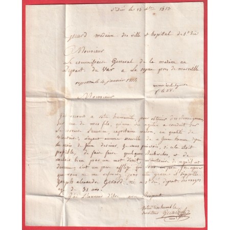 MARQUE P82P ST DIEY DIE VOSGES 1813 POUR TOULON VAR TEXTE MEDECIN HOPITAL DE ST DIE INDICE 12