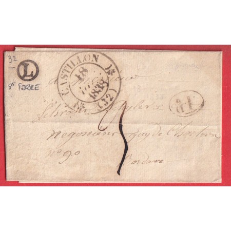 CAD TYPE 12 CASTILLON GIRONDE 1838 BOITE RURALE L SAINT TERRE + DECIME RURAL POUR BORDEAUX