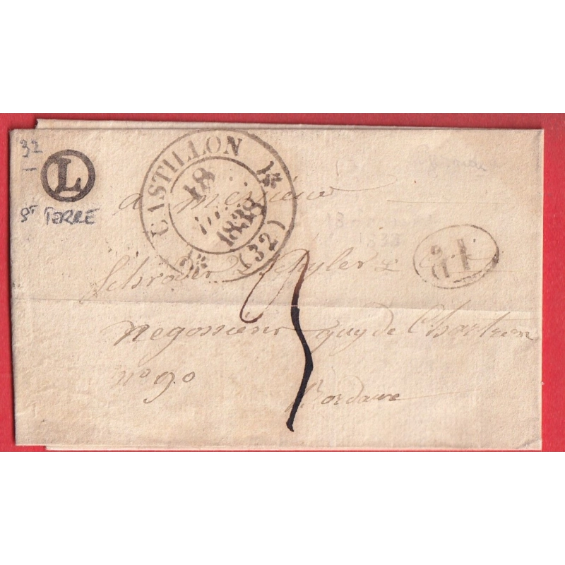 CAD TYPE 12 CASTILLON GIRONDE 1838 BOITE RURALE L SAINT TERRE + DECIME RURAL POUR BORDEAUX