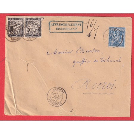 N°90 RUMIGNY ARDENNES TAXE TYPE DUVAL 40C + 5C NOIR GRIFFE AFFRANCHISSEMENT INSUFFISANT ROCROI