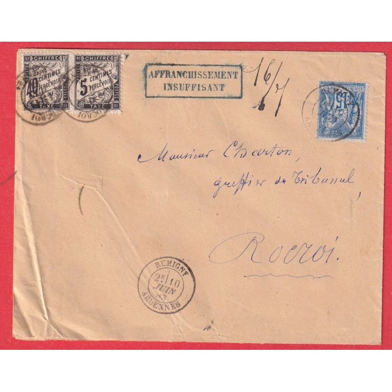 N°90 RUMIGNY ARDENNES TAXE TYPE DUVAL 40C + 5C NOIR GRIFFE AFFRANCHISSEMENT INSUFFISANT ROCROI