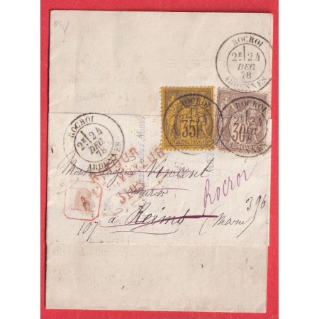 N°69 93 RECOMMANDE ROCROI ARDENNES POUR REIMS MARNE DOCUMENT JAMAIS OUVERT