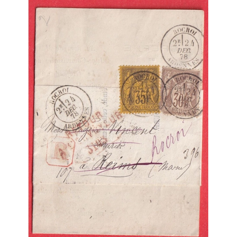 N°69 93 RECOMMANDE ROCROI ARDENNES POUR REIMS MARNE DOCUMENT JAMAIS OUVERT