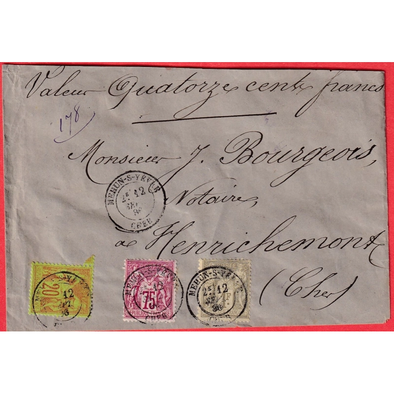 N°71 82 96 LETTRE CHARGEE MEHUN -SUR - YEVRE CHER 1888 HENRICHEMONT CHER