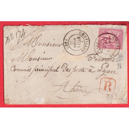 N°71 SEUL SUR LETTRE RECOMMANDEE CHEVILLON HAUTE MARNE 1877 POUR LYON
