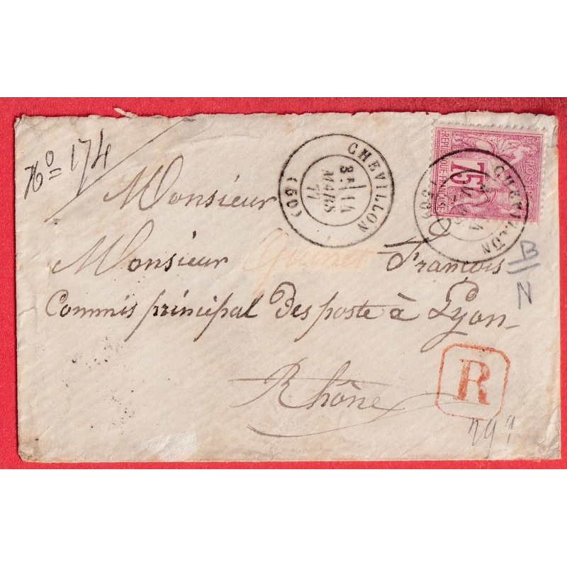 N°71 SEUL SUR LETTRE RECOMMANDEE CHEVILLON HAUTE MARNE 1877 POUR LYON