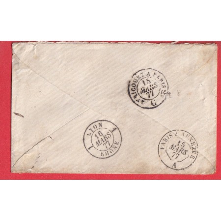 N°71 SEUL SUR LETTRE RECOMMANDEE CHEVILLON HAUTE MARNE 1877 POUR LYON