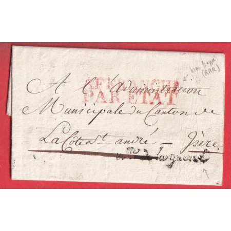 FRANCHISE MINISTRE DE LA GUERRE PARIS AN7 1799 SIGNE AU TAMPON MILLET DE MUREAU BARON EMPIRE LA COTE ST ANDRE ISERE