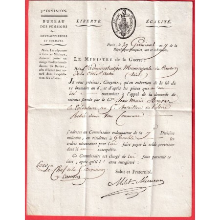 FRANCHISE MINISTRE DE LA GUERRE PARIS AN7 1799 SIGNE AU TAMPON MILLET DE MUREAU BARON EMPIRE LA COTE ST ANDRE ISERE