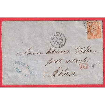 N°16 PC 441 BORDEAUX GIRONDE POUR MILAN ITALIE 1862