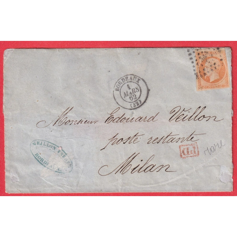 N°16 PC 441 BORDEAUX GIRONDE POUR MILAN ITALIE 1862