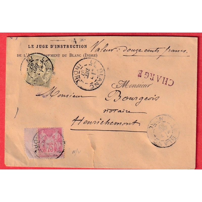 N°81 82 LE BLANC INDRE LETTRE CHARGEE HENRICHEMONT CHER AU DOS CAD ROUGE VIERZON