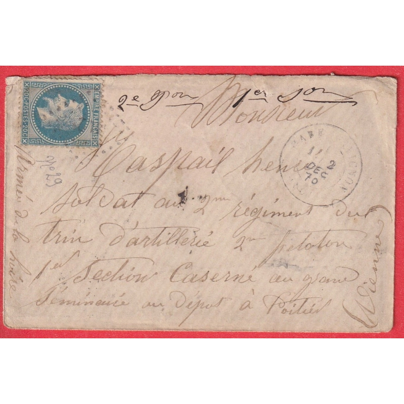 GUERRE 1870 CAD GARE AVIGNON N°29 POUR ARMEE DE LA LOIRE A POITIERS VIENNE 2 DECEMBRE 1870