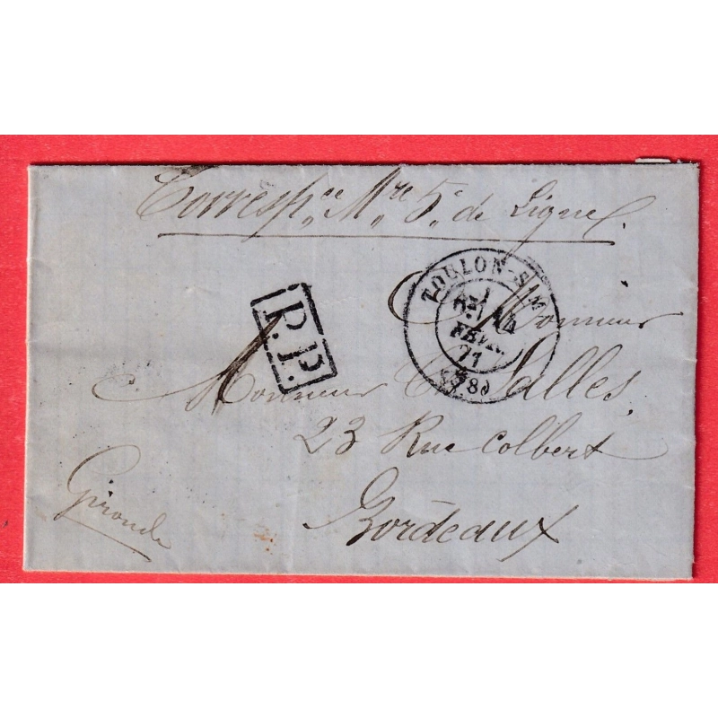 GUERRE 1870 TOULON VAR 14 FEVRIER 1871 PP ENCADRE POUR BORDEAUX GIRONDE