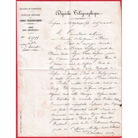 GUERRE 1870 DEPECHE TELEGRAPHIQUE DE SOISSONS AISNE 10 SEPTEMBRE 1870 LE COMMANDANT DU GENIE TRES BEAU TEXTE