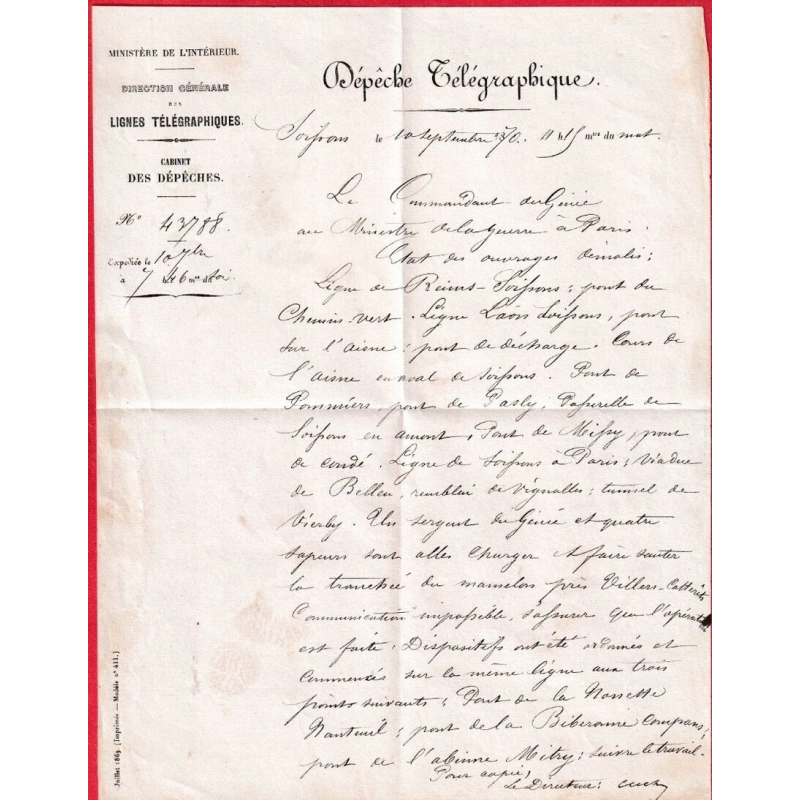 GUERRE 1870 DEPECHE TELEGRAPHIQUE DE SOISSONS AISNE 10 SEPTEMBRE 1870 LE COMMANDANT DU GENIE TRES BEAU TEXTE