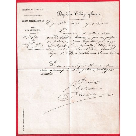 GUERRE 1870 DEPECHE TELEGRAPHIQUE PARIS GARE DU NORD 11 SEPTEMBRE 1870 CHAUNY AISNE