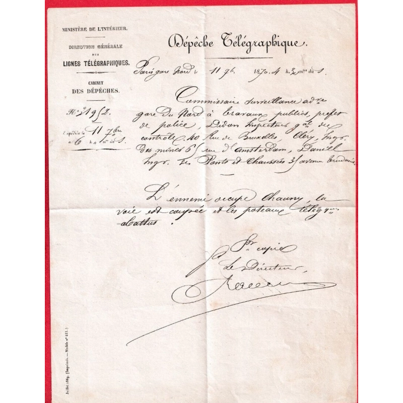 GUERRE 1870 DEPECHE TELEGRAPHIQUE PARIS GARE DU NORD 11 SEPTEMBRE 1870 CHAUNY AISNE