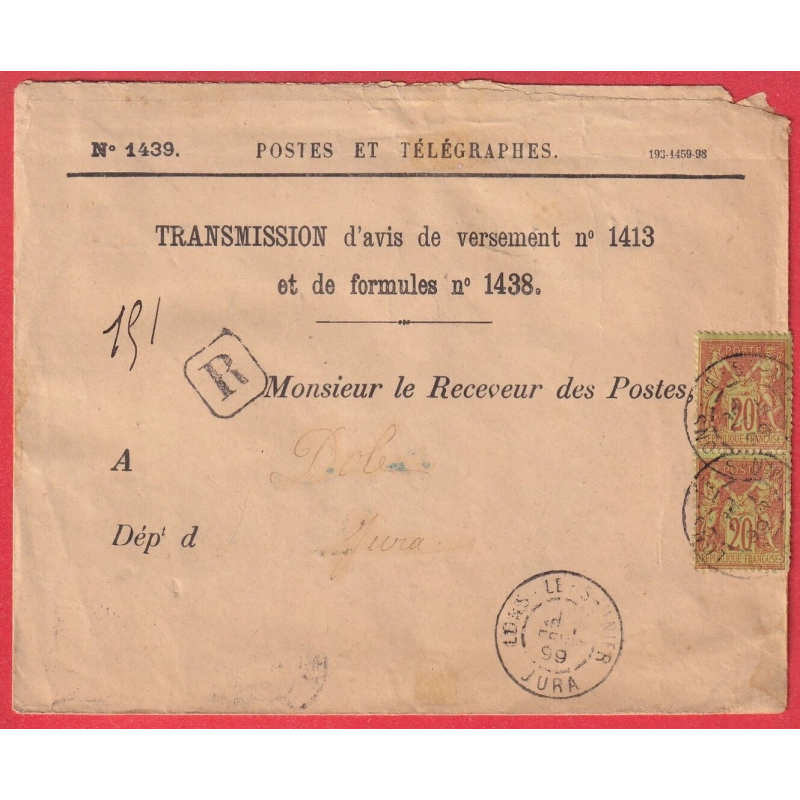N°96 PAIRE LETTRE RECOMMANDEE LONS LE SAULNIER JURA 1899 POUR DOLE JURA