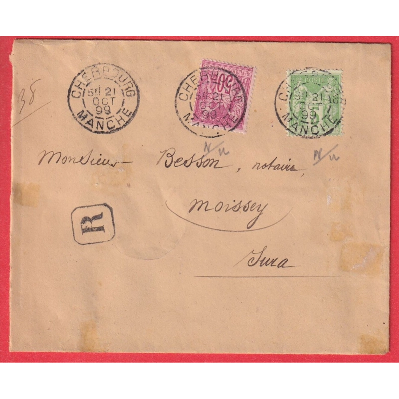 N°98 106 CHERBOURG MANCHE LETTRE RECOMMANDEE POUR MOISSEY JURA   1899