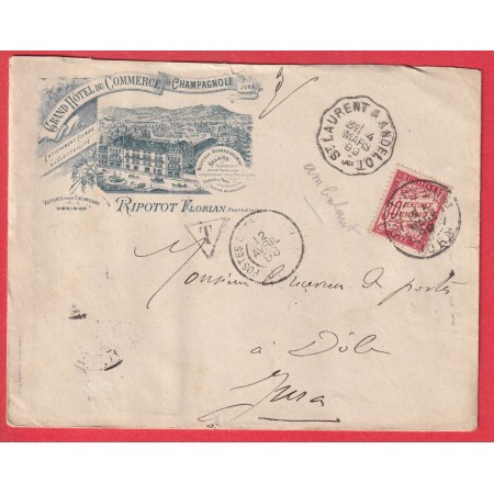 CONVOYEUR LIGNE ST LAURENT ANDELOT JURA ENVELOPPE ILLUSTREE CHAMPAGNOLE JURA TAXE 30 DOLE + POSTE ET TELEGRAPHE JURA TYPE DUVAL