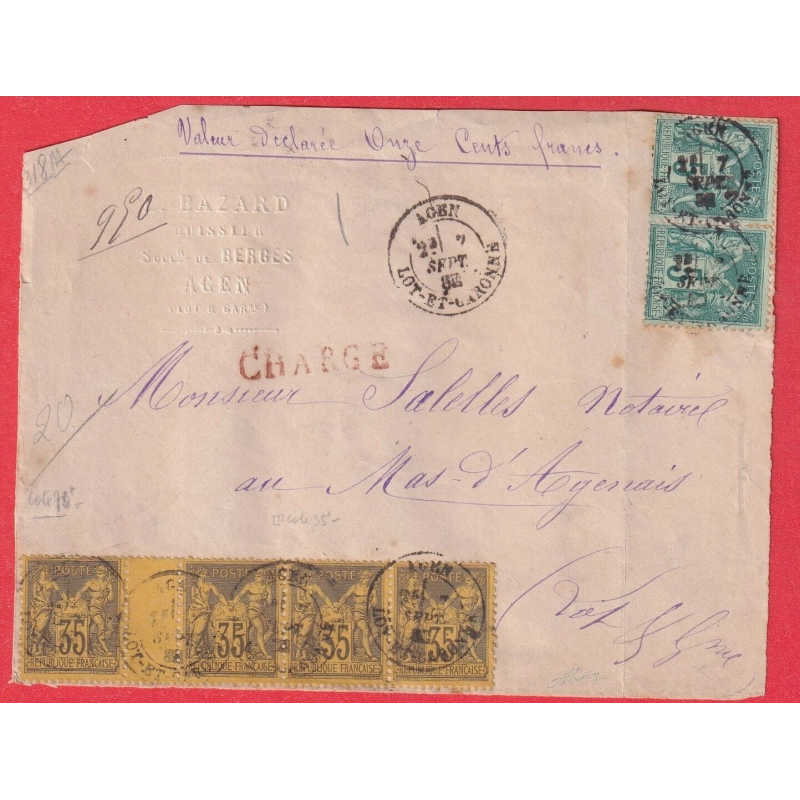 N°93 BANDE 4 + INTERPANNEAU 75 PAIRE DEVANT DE LETTRE CHARGEE AGEN LOT ET GARONNE POUR LE MAS D'AGENAIS