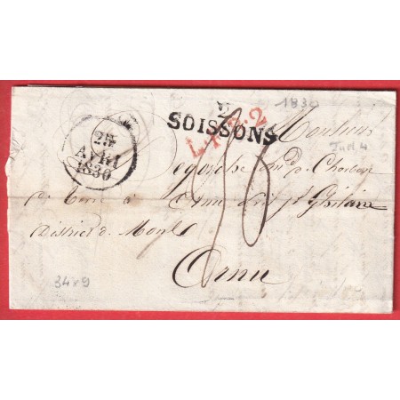 MARQUE 2 SOISSONS AISNE 1830 POUR ORNU BELGIQUE GRIFFE LFR2