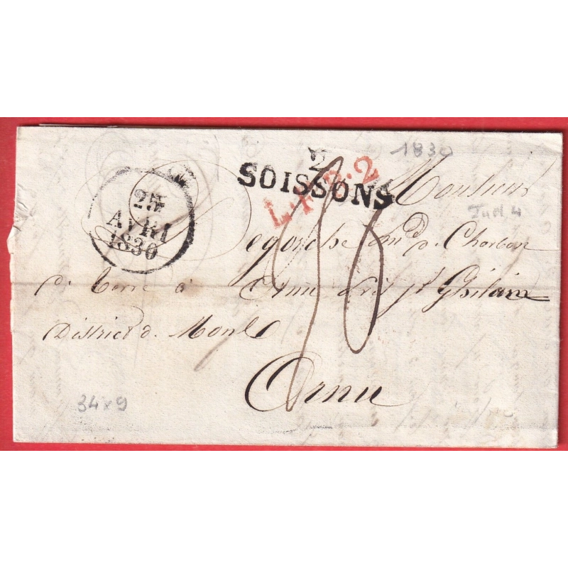 MARQUE 2 SOISSONS AISNE 1830 POUR ORNU BELGIQUE GRIFFE LFR2