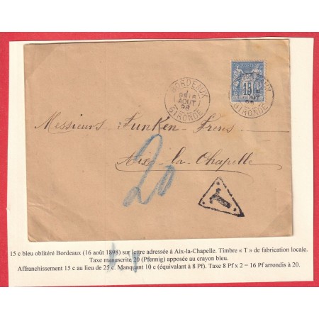 N°90 BORDEAUX GIRONDE TAMPON TAXE TRIANGULAIRE SPECIALE AIX LA CHAPELLE AACHEN ALLEMAGNE 20 AU CRAYON 1898