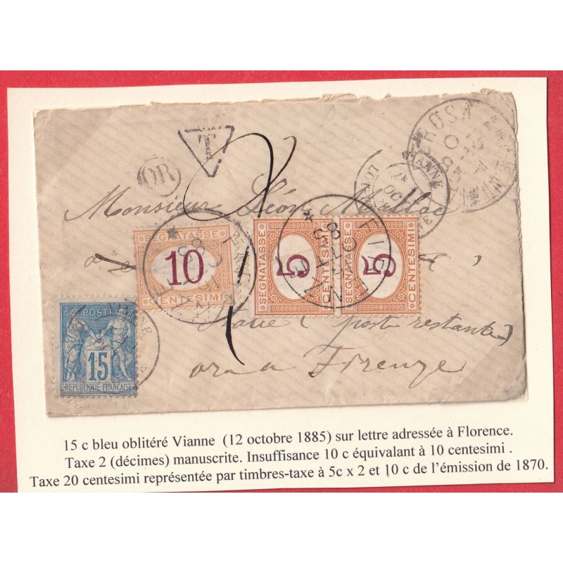 N°90 TYPE SAGE CAD VIANNE LOT ET GARONNE TAXE 20C 10 + 2X5C FIRENZE FLORENCE 1885