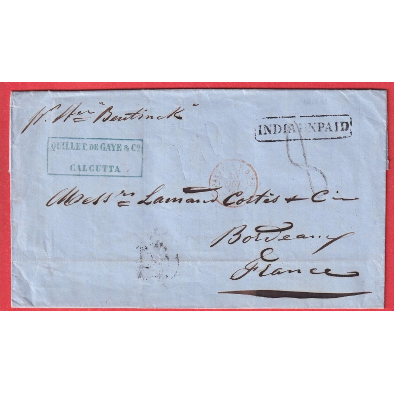 INDE INDIA CALCUTTA TAXE 8 INDIAN PAID 1859 POUR BORDEAUX FRANCE STEAMER ANGLAIS BEUTINCK VIA SUEZ