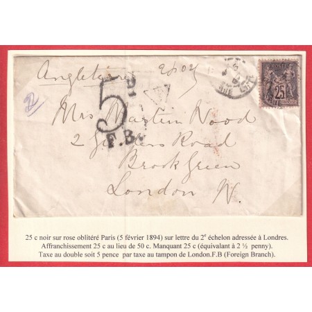 N°97 TYPE SAGE PARIS RUE LITTRE TAXE 5 PENCE FB LONDRES LONDON ANGLETERRE 1894