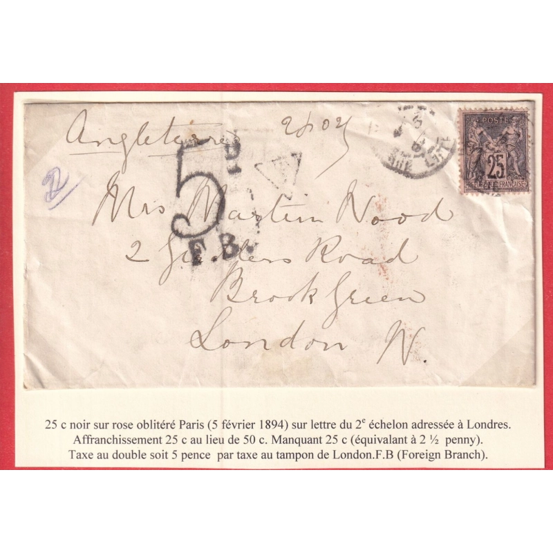 N°97 TYPE SAGE PARIS RUE LITTRE TAXE 5 PENCE FB LONDRES LONDON ANGLETERRE 1894