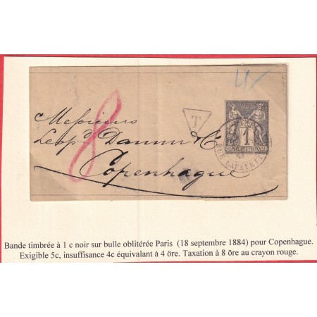 BANDE DE JOURNAL 1C NOIR BANDE JOURNAL PARIS RUE LAFAYETTE POUR COPENHAGUE DANEMARK TAXE 8 ORE CRAYON ROUGE 1884