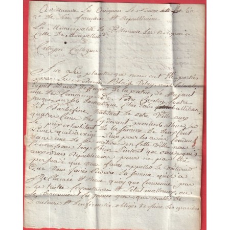 MARQUE 29 VILLENEUVE LES AVIGNON EN ROUGE GARD AN2 1794 POUR MONTPELLIER INDICE 16