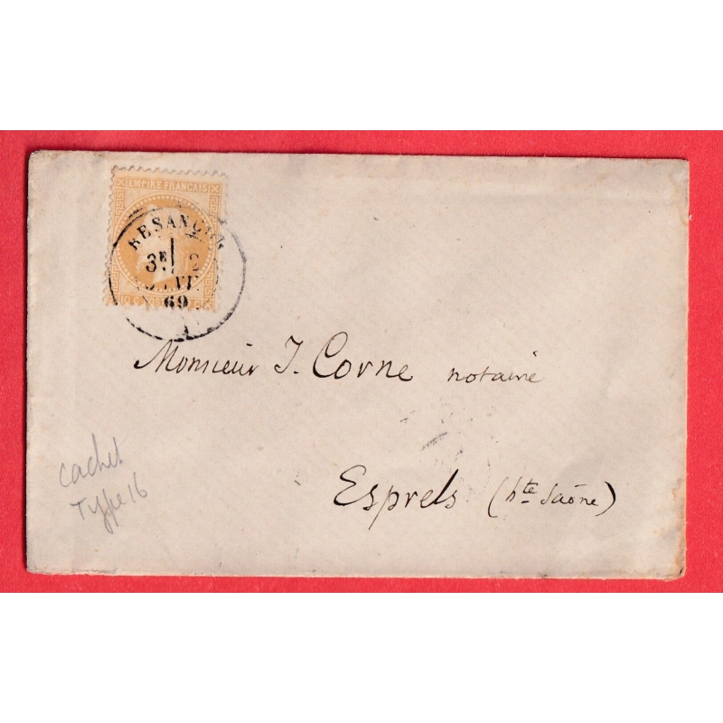 N°28 CAD TYPE 17 JOUR DE L'AN BESANCON DOUBS 2 JANV 1869 ESPRELS HAUTE SAONE ARRIVE LE 4