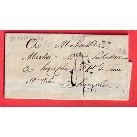 MARQUE 27 MAINTENON EURE ET LOIR 34X7 1825 INDICE 10 LUZARCHES SEINE ET OISE MARQUE BANLIEUE AU DOS