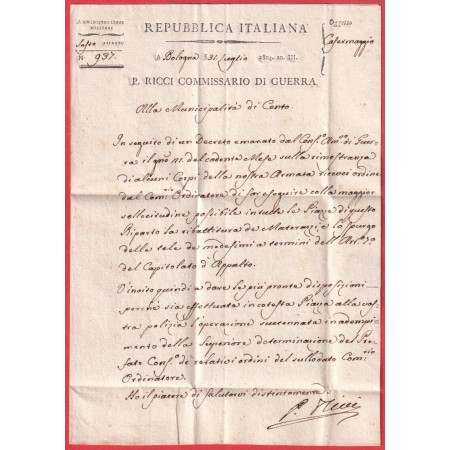BOLOGNE BOLOGNA ITALIE 1804 COMMISSAIRE DES GUERRES RICCI POUR CENTO