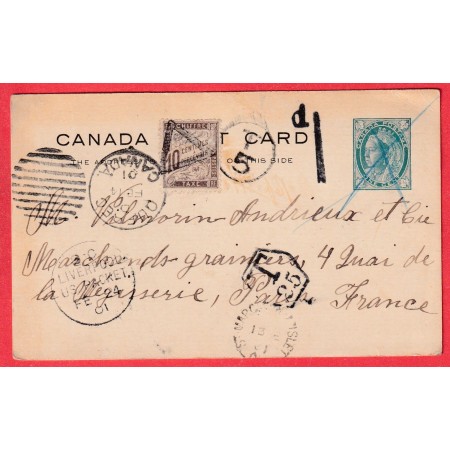 ENTIER CANADA QUEBEC 1901 REFUSE TAXE 25 CENTS VIA LIVERPOOL TAXE 10C DUVAL PARIS TAXE 1D ANGLAISE 4 TAXES EN TOUT