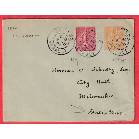 ENTIER MOUCHON 15C ORANGE + N°129 SEMEUSE BEZIERS HERAULT 1904 MILWAUKEE ETATS UNIS AMERIQUE WISCONSIN