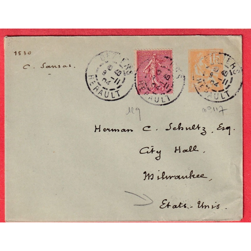 ENTIER MOUCHON 15C ORANGE + N°129 SEMEUSE BEZIERS HERAULT 1904 MILWAUKEE ETATS UNIS AMERIQUE WISCONSIN