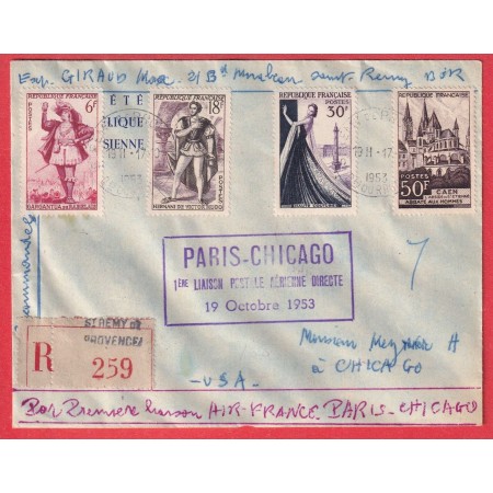 1ER VOLS FRANCE ETATS UNIS PARIS CHICAGO 1953 RECOMMANDE ST REMY PROVENCE AIR FRANCE