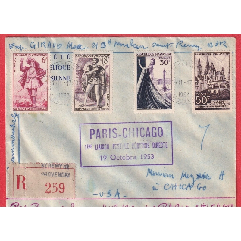 1ER VOLS FRANCE ETATS UNIS PARIS CHICAGO 1953 RECOMMANDE ST REMY PROVENCE AIR FRANCE