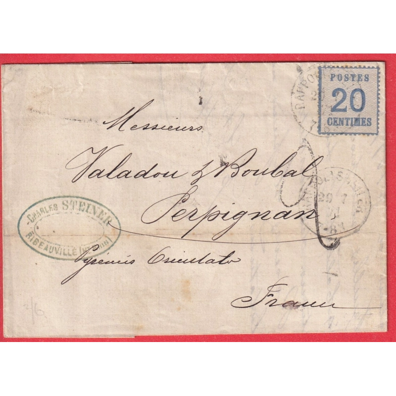 ALSACE LORRAINE N°6 RIBEAUVILLE HAUT RHIN RAPPOLDSWEILER TAXE TAMPON 2 PERPIGNAN PYRENEES ORIENTALES